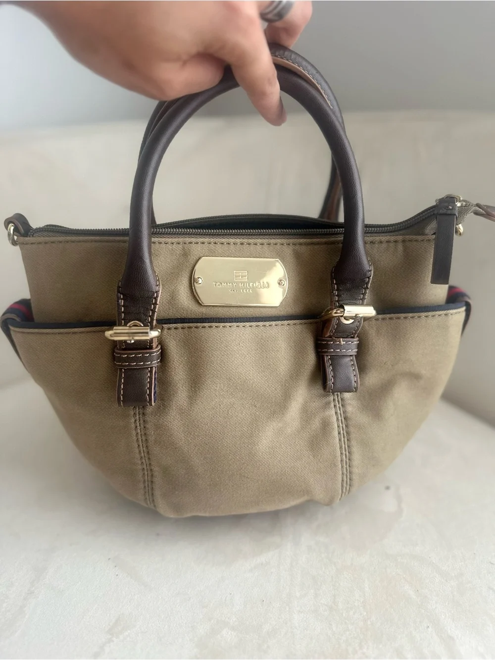 Tommy Hilfiger Olive Green Satchel with Dark Brown Handles & Gold Hardware